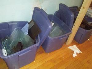 lot 1345 image: Stained Glass Material Glass  colored, bubble, clear. 6 totes, 3 boxes (totes nice with covers)