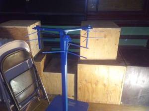 lot 836 image: Wood boxes, chairs and one crazy metal thing.