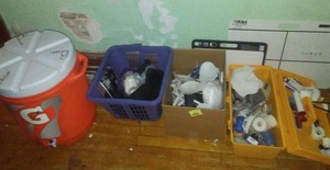 lot 852 image: Misc. chin straps, helmet pads, pads, medical supplies and more.