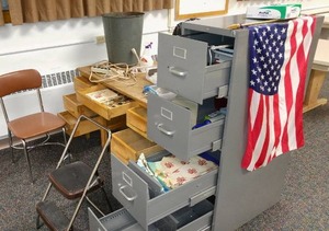 lot 1188 image: 4 Drawer File Cabinet, Contents, Desk and Chairs.