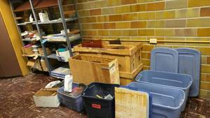 lot 1247 image: Several Totes and Shelving unit of stained glass for projects.