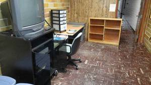lot 1248 image: AV Cart with contents, Desk, Bookcase, table file cabinet and chair.