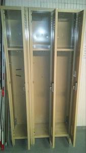 lot 863 image: 3 tall lockers, 78 x 36 x 12in excellent condition on legs. Flat top, combination locks.