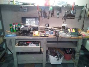 lot 1117 image: Bench, 6in Grinder, vice, clamps, socket sets- Huge Lot.