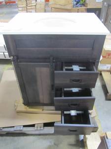 lot 23 image: Style Selections Morriston Distressed Java Single Sink Vanity with White Engineered Stone Top (Common 30-in x 20-in) WSL30BHV