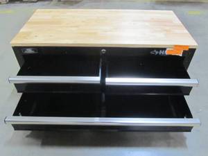 lot 52 image: Husky 36 in. 3-Drawer Tool Cabinet with Wood Top, Black HOUC3603B1QWK
