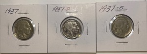 Three Buffalo Nickels - 1937 P, D, & S