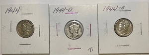 Three Mercury Dimes - 1944 P, D, & S