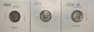 Three Different Mercury Dimes - 1943 P, D, & S