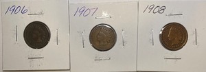 Three Indian Head Pennies - 1906, 1907, & 1908