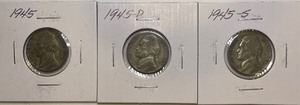 Three Silver War Nickels - 1945 P, D, & S