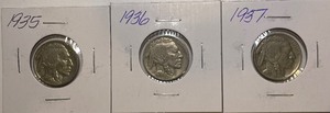 Three Different Buffalo Nickels - 1935, 1936, & 1937