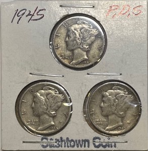Three Different Mercury Dimes - 1945 P, D, & S