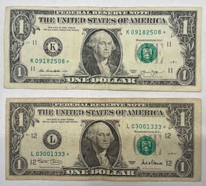 Two $1 Star Notes - K09182508, L03001333