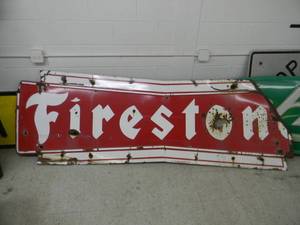 lot 15 image: 7 FOOT SINGLE SIDED PORCELAIN FIRESTONE SIGN - E CUT OFF - AWESOME CAVE PIECE - SEE PICTURES