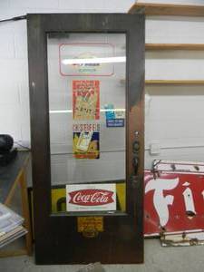 lot 16 image: AWESOME - HEAVY METAL ORIGINAL BAR DOOR WITH CENTER GLASS & ADVERTISING - SEE PICTURES