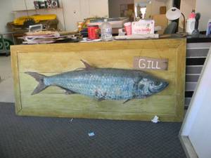 lot 23 image: VINTAGE 5 TARPON ON 7 BY 4 WOOD FRAME - AWESOME PIECE - NAME IS GILL - SEE PICTURES