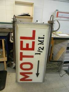 lot 43 image: DOUBLE SIDED LIGHTED MOTEL 12 MILE AHEAD SIGN WITH ORIGINAL HANGING BRACKET - SEE PICTURES