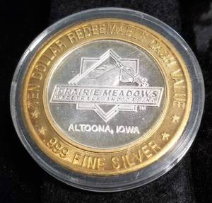 PRAIRIE MEADOWS ALTOONA IOWA .999 FINE SILVER CASINO ROUND (.6 TROY OZ. .999 FINE SILVER)