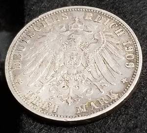 1909-D BAVARIA GERMAN SILVER 3 MARKS AU see link for info