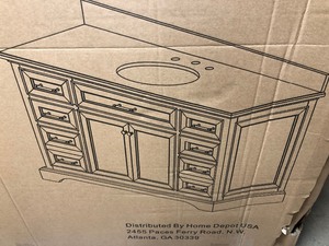 Home Decorators Windlowe 49 in. W x 22 in. D x 35 in. H Bath Vanity in White with Carrera Marble Vanity Top in White with White Sink back splas damaged unit has never been used retails $1400