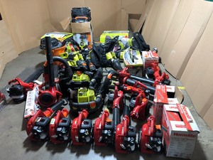 Pallet with assorted used outdoor tools and shop equipment - some may be missing parts or require repair