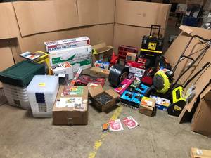 Pallet of Assorted Tools and hardware includes roll of strapping, ridgid and Milwaukee tool boxes, small electric snow blower and more