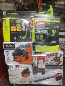 Pallet with assorted outdoor tools and shop equipment Ridgid, Ryobi, Homelite customer returns