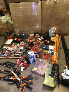 Gaylord of assorted mechanic, outdoor tools some never used Dewalt, Milwaukee, Husky, and others