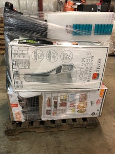 lot 14 image: Pallets of assorted storage containers  missing lids HDX storage shelfs mailbox and more