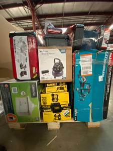 lot 19 image: Pallet with Assorted Hardware and Tools includes Makita ,Husky, Ridgid, Ryobi, Dewalt and more this are Customer Returns retail value over $2500