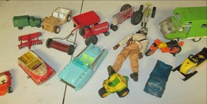lot 15 image: Vintage Tonka Jeep,Camper, Dune Buggy Motorcycle & Trike, (2) Old Toy Tractor with two Implements, Tin Wind Up Cars, GI Joe 12, Etc..