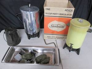 lot 31 image: (2) 30 Cup Coffee Percolators, Coffee Makers, Enamel Camp Coffee Pot, Portable Stove  Heat Tabs, SS Tray
