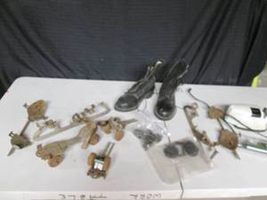 lot 37 image: Vintage ice skates, sharpener, bark bit, Work Boots Size 6 or 7