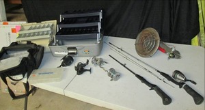 lot 43 image: Tackle boxes, fishing poles and ree...