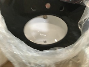 lot 108 image: Home Decorators Home Decorators Collection Chelsea 31 in. W Bath Vanity in Antique Cherry with Granite Vanity Top in Black and Pedestal Sink not used
