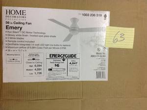 lot 63 image: Home Decorators Collection Emery 56 in. LED Glossy White Ceiling Fan with Remote Control in good condition