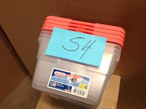 lot 54 image: Sterilite 6 qt. Storage Box (Set of 4), Clear Base with Fresh Melon Lid not used