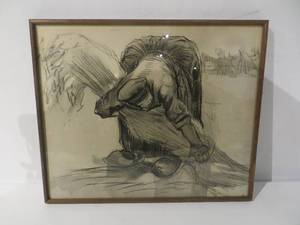 Framed Charcoal Drawing of Woman Harvesting Wheat
