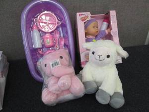 Baby Doll, Bath Kit, 2 Plush Toys V...