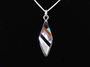 .925 Sterling Silver Artist Signed Natural Inlayed Stone Zuni Pendant Necklace