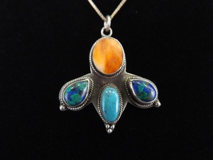 .925 Sterling Silver Red Coral and Turquoise Cabochon Navajo Pendant Necklace
