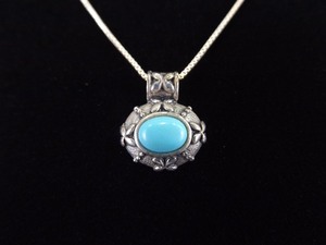 .925 Sterling Silver Turquoise Enamel Cabochon Pendant Necklace