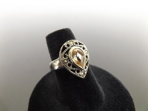 .925 Sterling Silver Art Nouveau Pear Cut Yellow Tourmaline Ring Size 6
