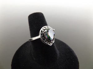 .925 Sterling Silver Pear Cut Mystic Quartz Greek Key Ring Size 7.5