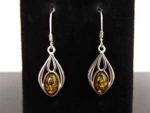 .925 Sterling Silver Amber Cabochon Hook Dangle Earrings