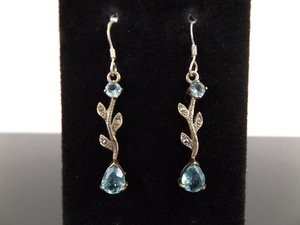 .925 Sterling Silver Art Nouveau Pear Cut Topaz Hook Dangle Earrings