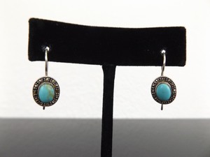 .925 Sterling Silver Art Nouveau Turquoise Cabochon Double Hook Earrings