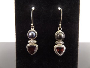 .925 Sterling Silver Trillion Cut Garnet and Black Pearl Hook Dangle Earrings