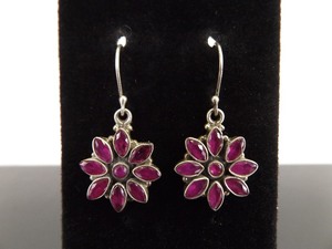.925 Sterling Silver Pink Sapphire Flower Hook Dangle Earrings